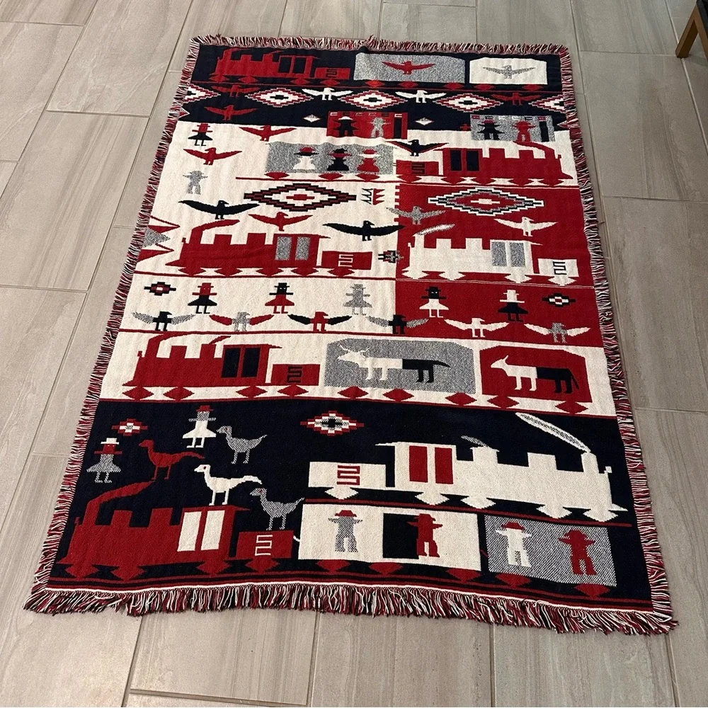 Unique Southwestern or Navajo-inspired pictorial throw blanket-red, blue & cream